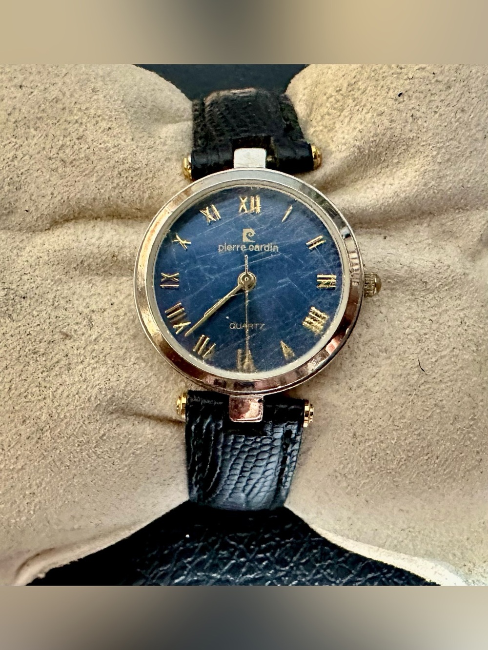 Pierre Cardin Blue Dial Gold-Tone Case Black Leather Strap Watch